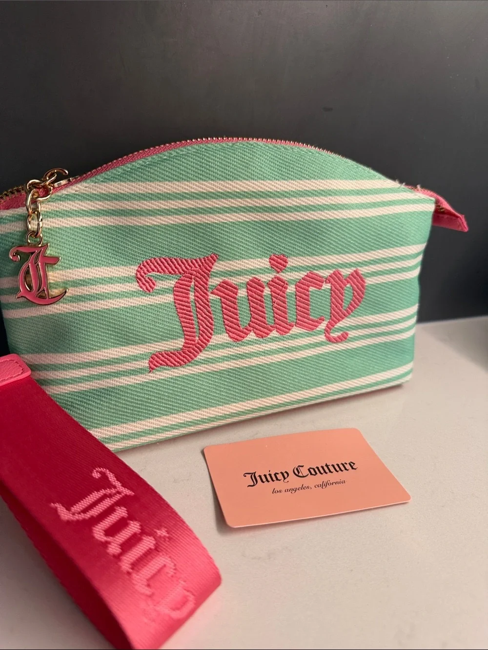 Juicy Couture Mint & Hot Pink Striped Wristlet Pouch